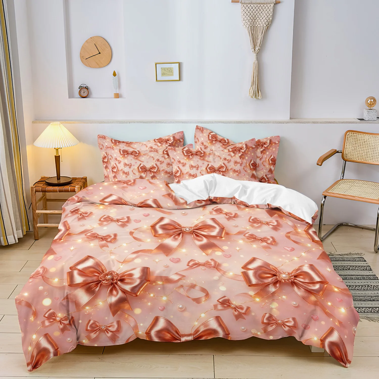 3pcs Luxury Pink Bow Bedding Duvet Cover Set, Ribbon Bow Heart Pearl Pattern Bedding, For Family Bedrooms Dormitories Hotels