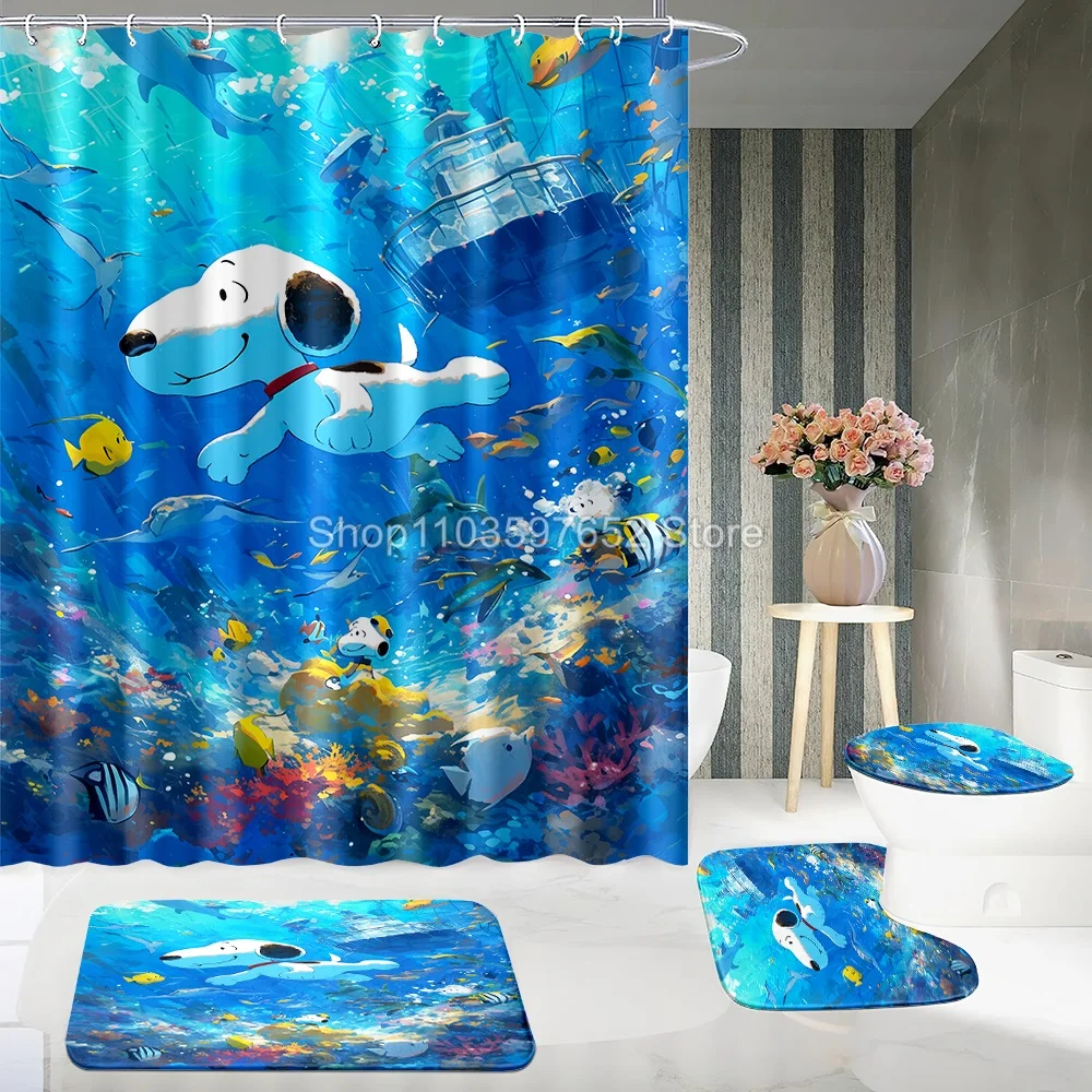 Anime Film Snoopy Various Bath Shower Curtain Set 4pcs with Hooks Cartoon Decor Waterproof Bathroom Toilet Mat Lid