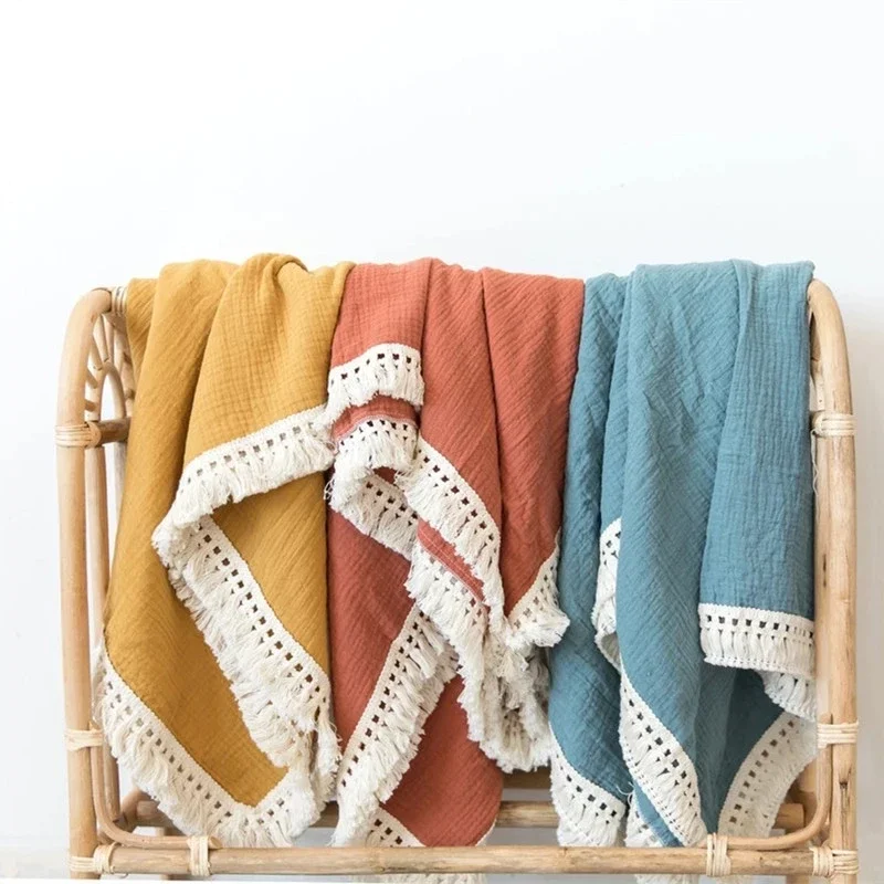 Muslin Tassel Swaddle Wrap Cotton Fringe Baby Blankets Newborn 2 Layers Bedding Cover Infant Gauze Bath Towel