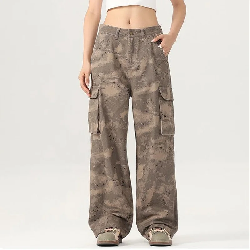 CHIC American Retro Boyfriend Street Camouflage Cargo Baggy Pants Women Men Pockets  Straight Loose Wide Leg Trousers Hip Hop