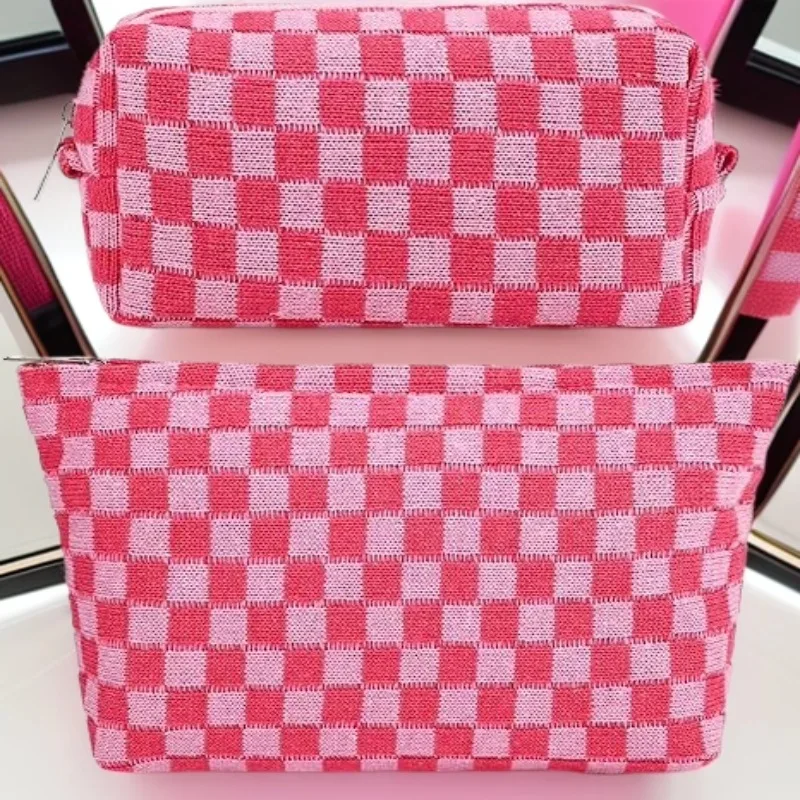 Checkerboard pattern multifunctional makeup bag, large-capacity knitted storage bag Ultra-light portable travel bag