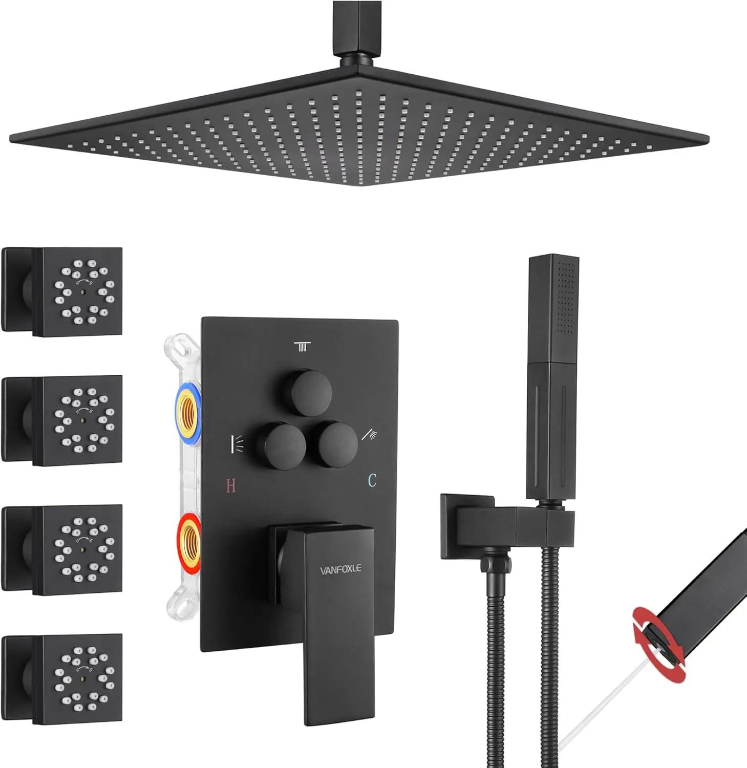 Vanfoxle Shower Faucet Set Matte Black Shower System,Push Button Diverter Shower Faucet With 2 In 1 Handheld,Ceiling Mount 12