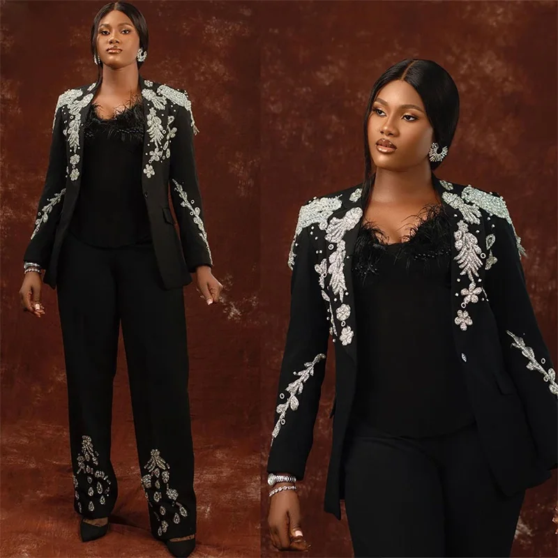 

Luxury Black Women Suits Set Appliqued Beads 2 Pcs V Neck Blazer+Pants Custom Made Fashion Prom Party Evening Dress