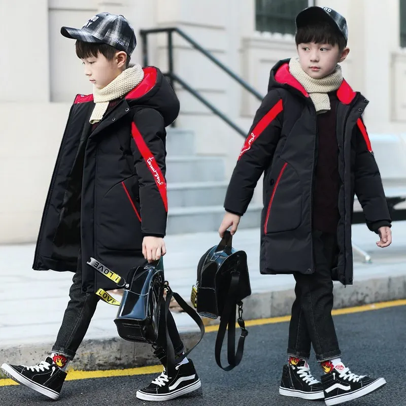 3 -14 Years Very Keep Warm Winter Boys Jacket 2023 Teenager Mid-Length Plus Velvet Thick Fur collarHooded Cotton Coat For Kids