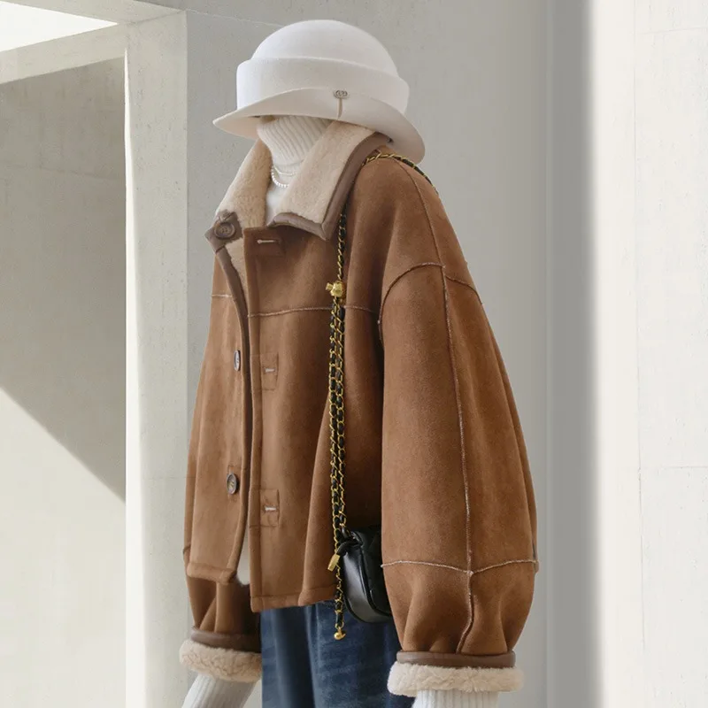 New Reversible Brown Imitation Suede Jacket for Women Winter Popular Lamb Wool Top