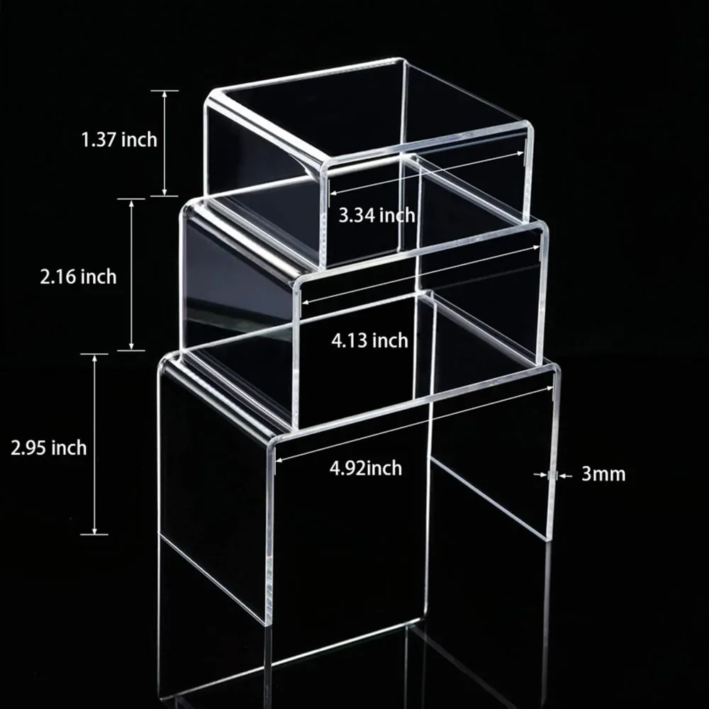 3pcs Square Acrylic Clear Display Stands Showcase Jewelry Makeup Holder Doll Cosmetics Rack Trapezoidal Cake Display Stand Rack