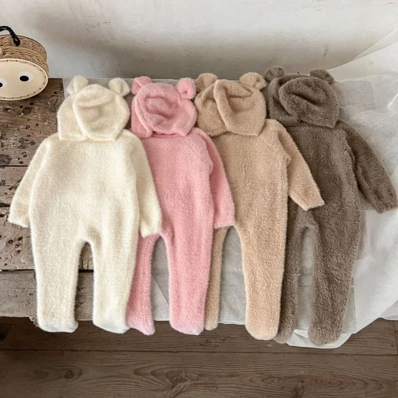 HoneyCherry Baby Winter Solid Color Warm Rompers Cute Imitation Mink Velvet Bear Footed Crawler Outing Baby Clothes