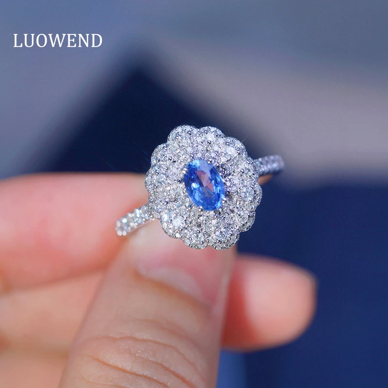 

LUOWEND 18K White Gold Rings Romantic Flower Design Natural Sapphire Luxury Diamond Engagement Ring for Women Wedding Jewelry