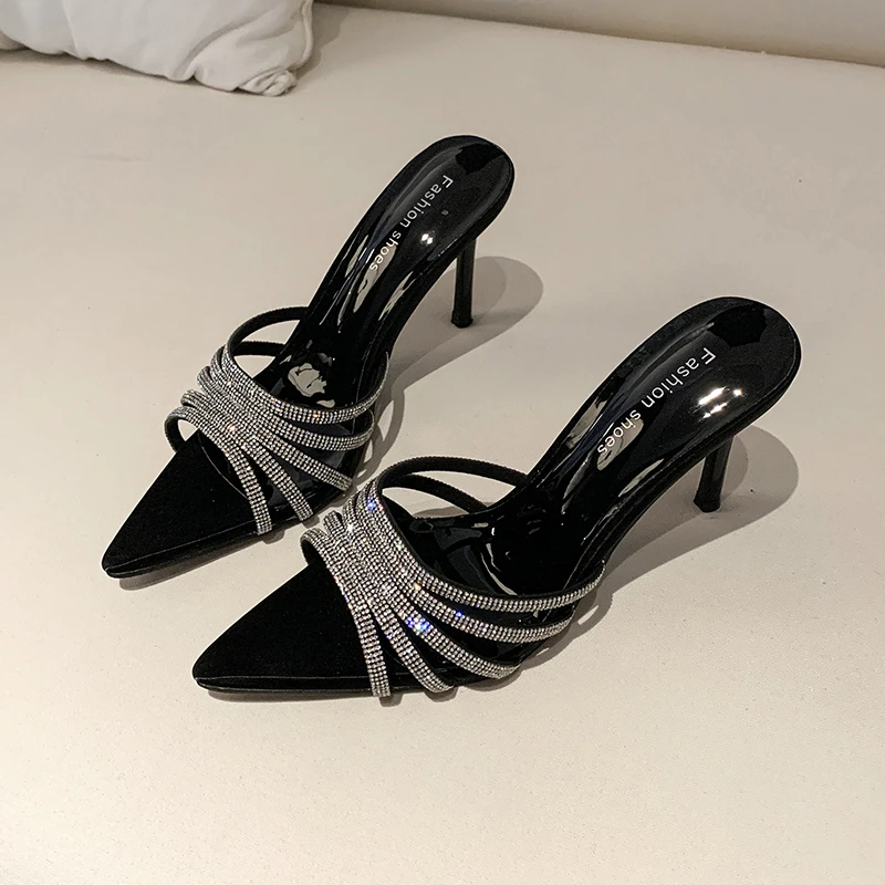 Sexy High Heels Slipper Women Summer Fashion CRYSTAL Narrow Band Pointed Toe Slides Stripper Party Sandal Mule Shoes