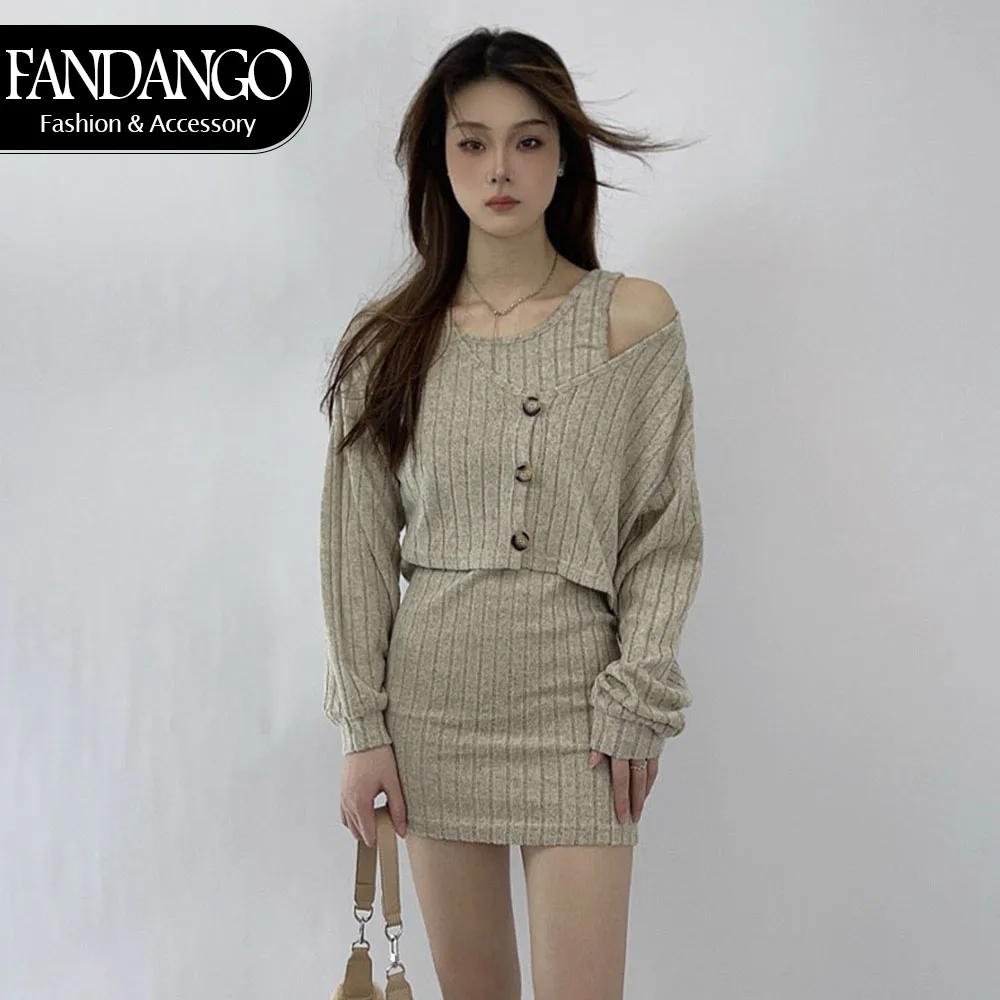 Nova moda feminina terno outono e inverno novo cardigan topo mais halter envoltório nádega vestido conjunto de duas peças