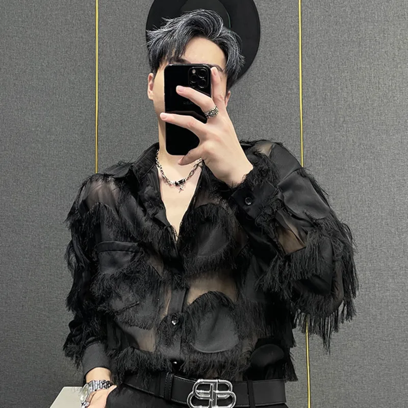 WVGA خريف جديد الرجال المد شارع العليا شبكة المرقعة قمصان طويلة الأكمام المتخصصة شيك عادية بدوره إلى أسفل طوق القمم Ins Y2K W13216 #2