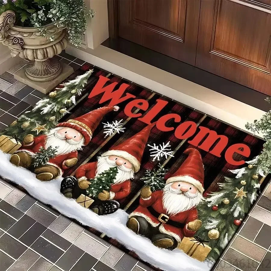 Christmas Gnome Door Mat Plaid Pattern Welcome Rug Festive Home Decor Mat Waterproof Non Slip Floor Protector for Xmas Entranc