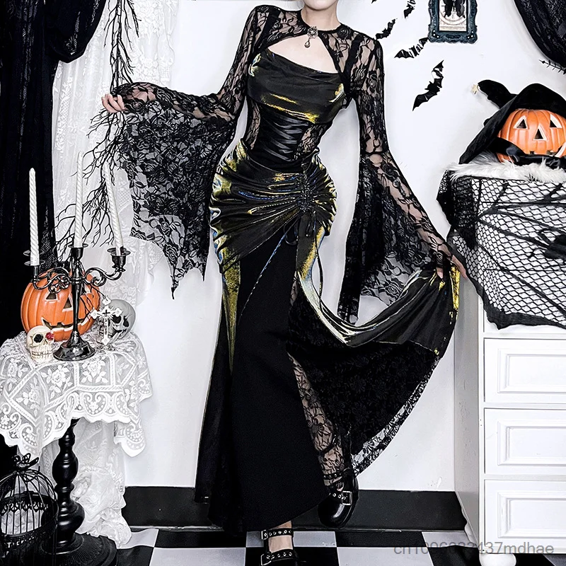 

Mesh Black Lace Lady Coat Punk Street Style Bell Sleeve Short Top Women's Gothic Sexy Slip Dress Prom Party Stage Cosplay Outfit