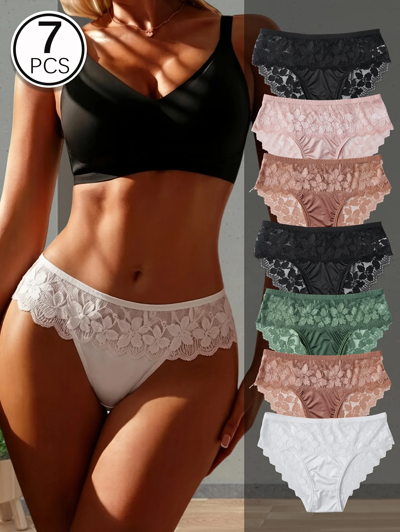 7‑Piece Set of Elegant Lace‑Satin Panties for Ms. Yin Mid‑Rise Solid Color Spliced Underwear, Opaque Full‑Coverage,Hand‑Washable
