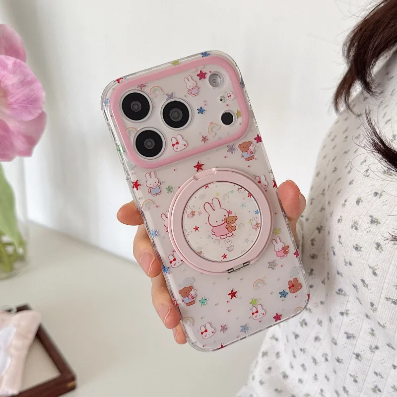 

Kawaii Cartoon Miffy Rabbit Rotation Stand Phone Case For iPhone 17 Pro 16 15 Pro Max Back Cover Shockproof Protective Case Cove