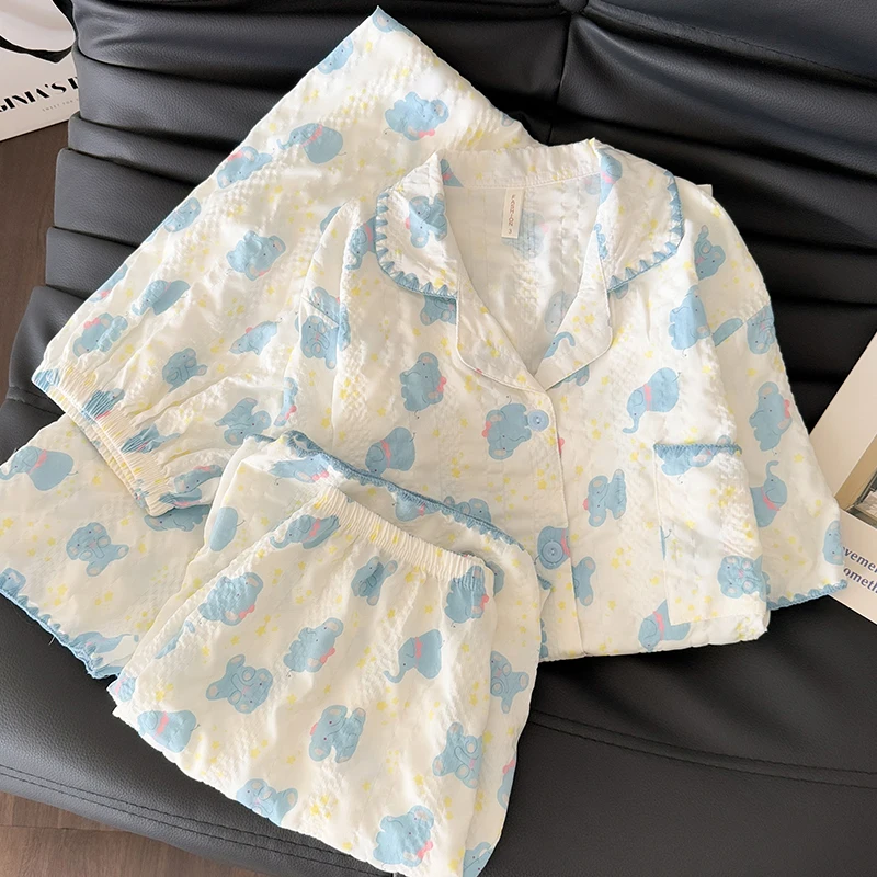 Spring Autumn Light Blue Elephant Print Women's 3 Piece Pajamas Collared Short-Sleeved Pajamas Set Korean-Style Casual Homewear
