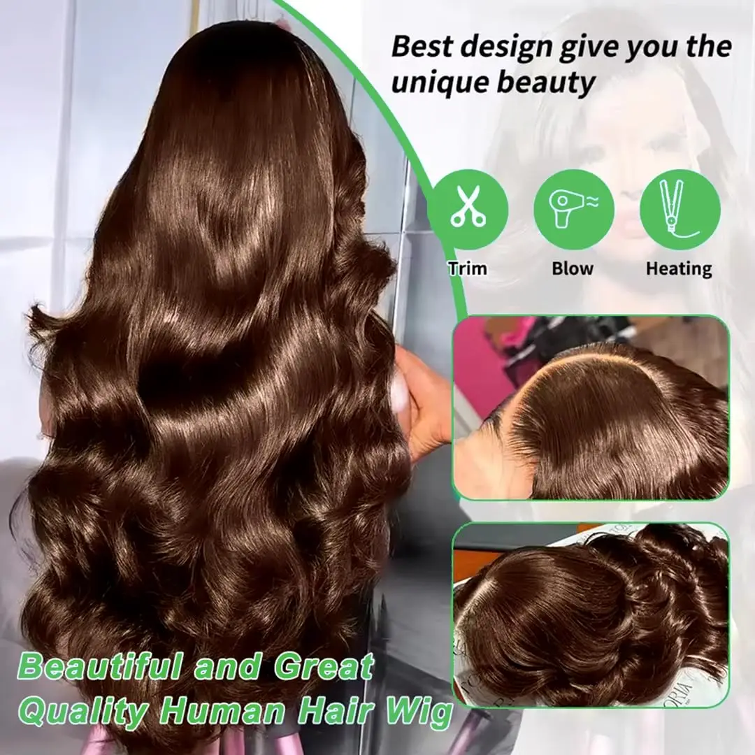 28 Inch Chocolate Brown Lace Front Wig Human Hair Pre Plucked 13x4 Hd Lace Body Wave Frontal Wigs Human Hair 4# Brown Colored Wigs Human Hair 200% Density Glueless Wigs 13x4 Chocolate Brown Human Hair Wig Straight Body Deep Wave Lace Front Wigs