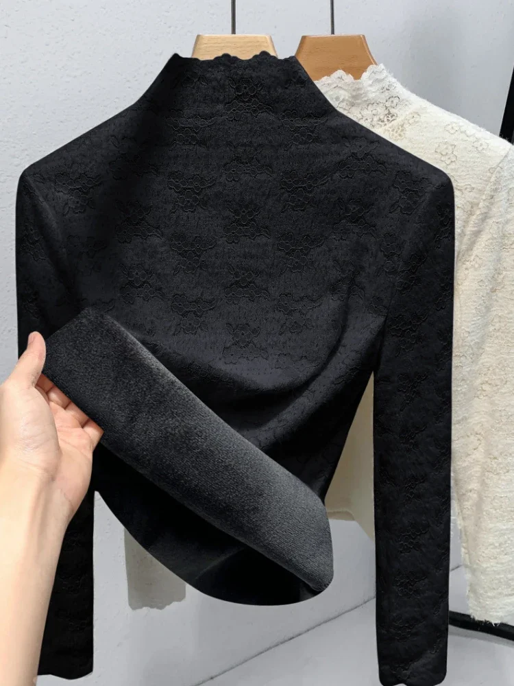 French Romantic Lace Long Sleeve T-shirt Base Shirt Women's High Neck Thickened Warm Elastic Large Top T Shirt Women Y2k Top — zdjęcie 3