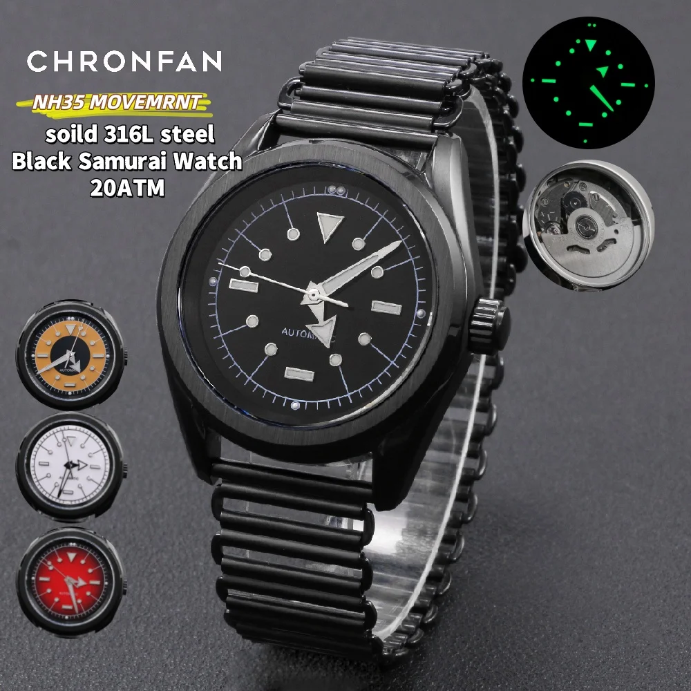 NEW 38mm Black Samurai Men's Automatic Watch NH35 Movement Sapphire Crystal 316L 20Bar C3 Green Lume Japan NH35 or Chinese Nh35