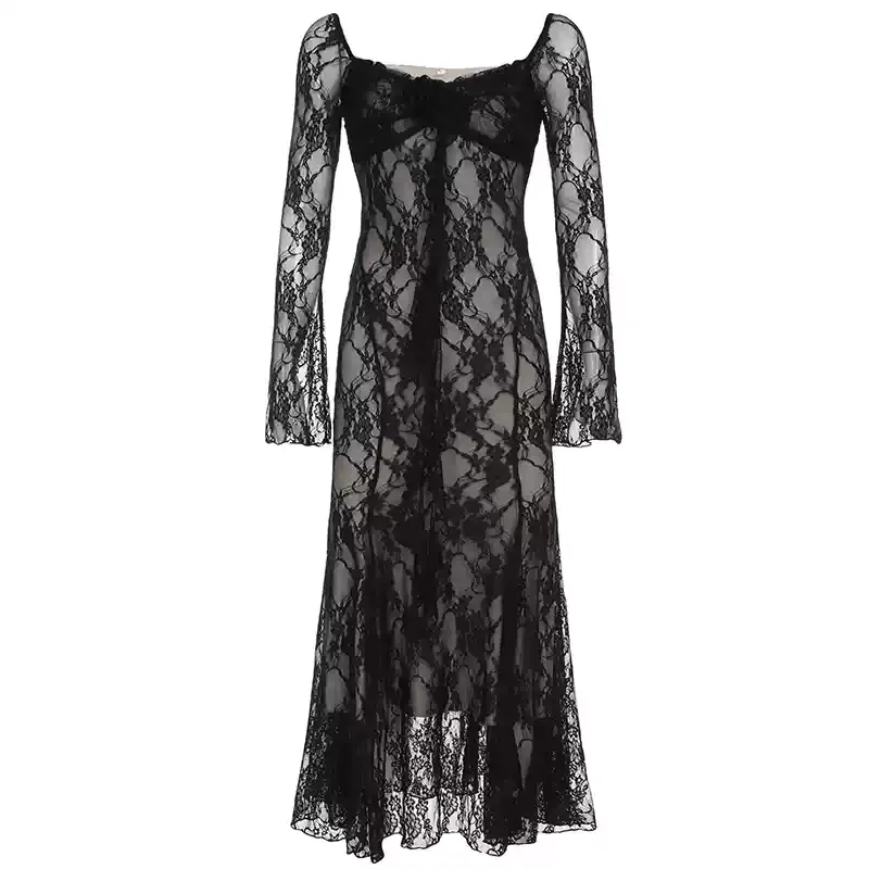 

Three-dimensional Rose Lace Splicing Dress Sexy Black Dress