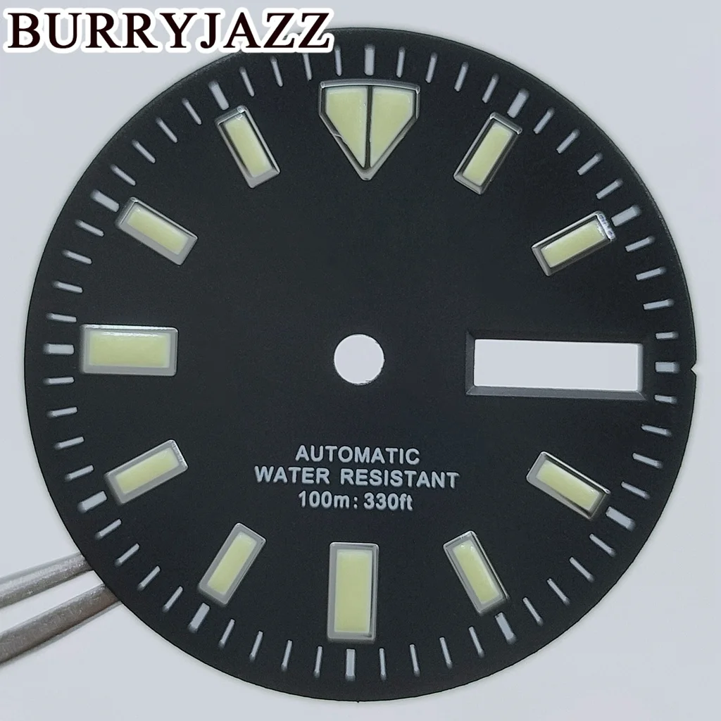 BURRYJAZZ 29mm No Logo NH36 Watch Dials Black Dial Green Luminous Fit 3 O'clock 3.8 O'clock Case Crown