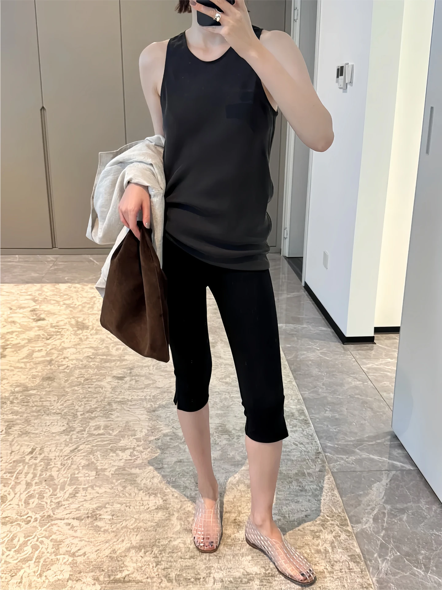High Waist Seven-Foot Tailored Pants for Women Black Casual Commute Style Slimming Versatile Miniature Slit Leisure Mid-Pants