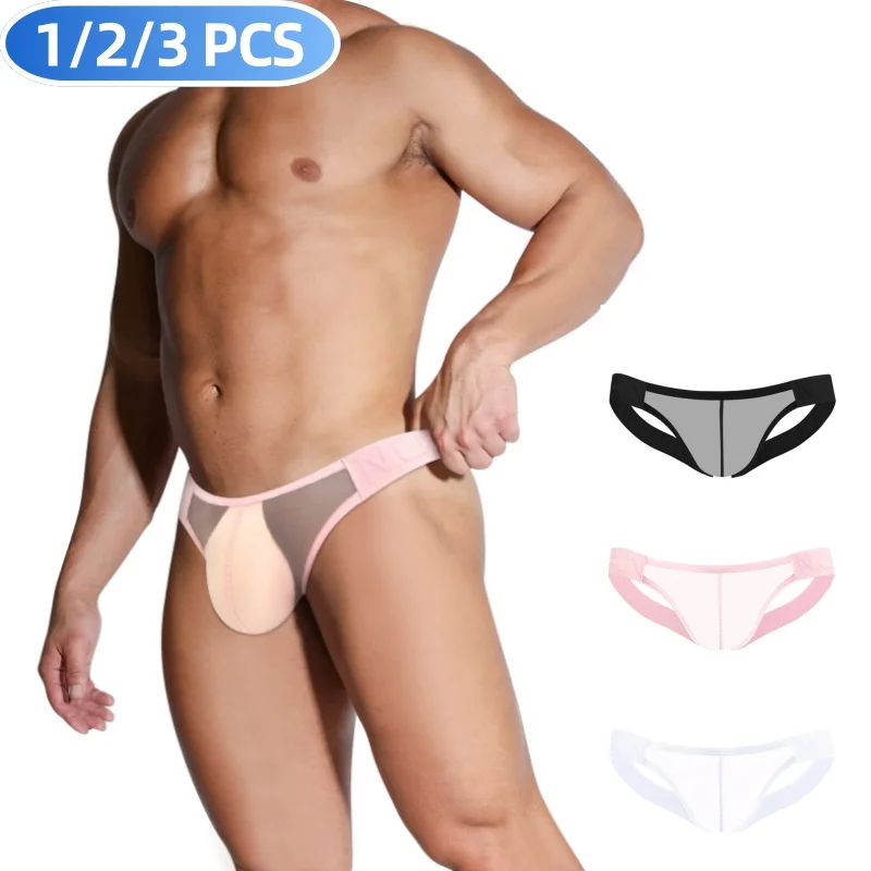 1/2/3 PCS Transparent Mesh High Cut Men's Thongs Sexy Bikini Gays Breathable Underwear for Men Large Crotch Pouch Men's Panties