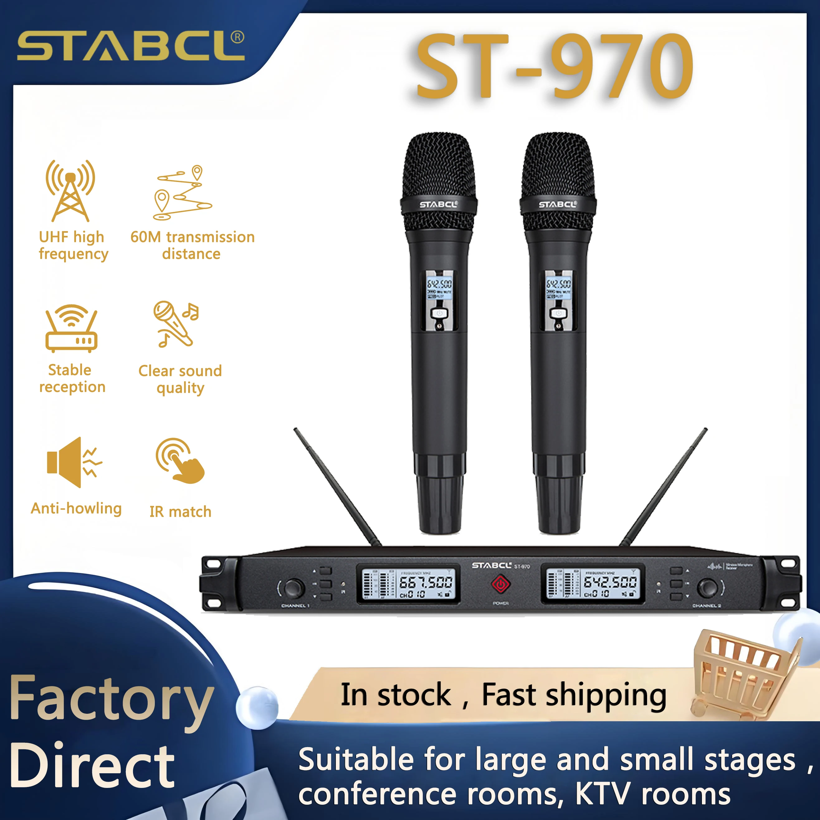 ST-970 Wireless Microphone Professional Dual Channel Receiver Handheld  Stage Mic 60M For Home Karaoke Singing