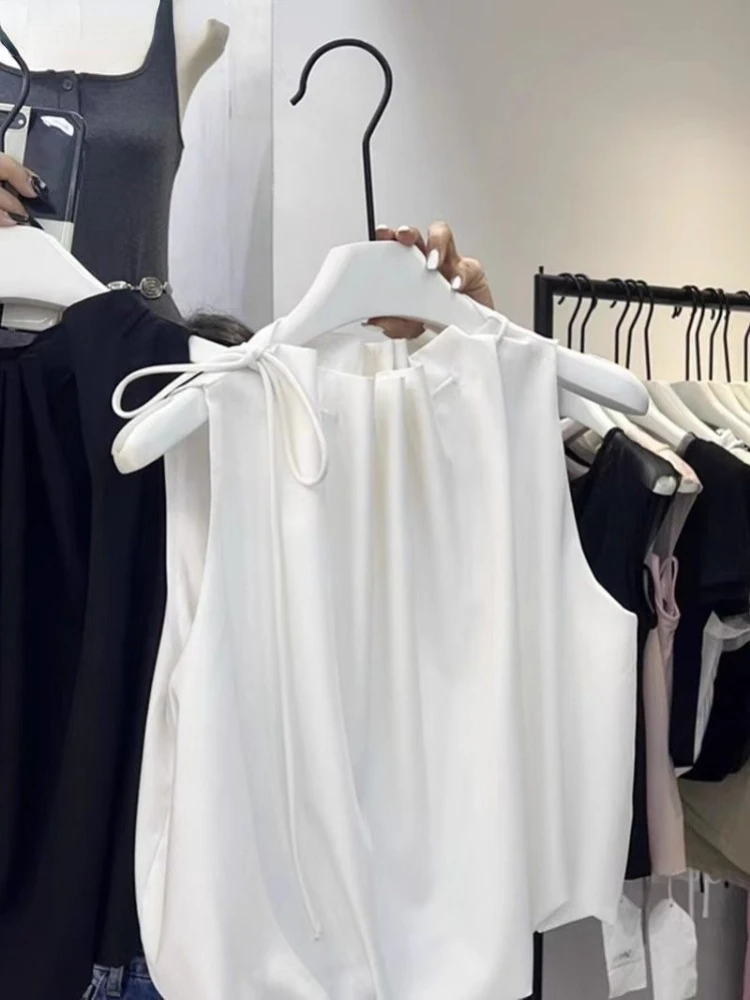 2024 Camisas De Mujer Temperament Women Shirt Solid Color Sleeveless Cropped Tops Bandage Summer Loose Korean Vintage Blouses