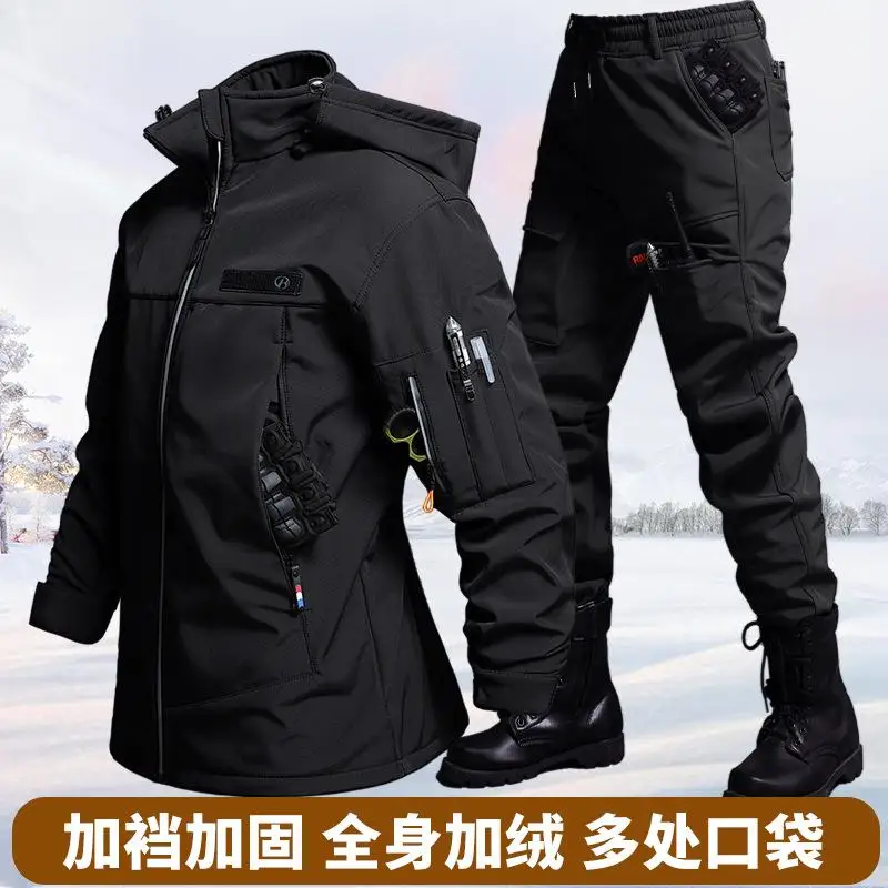 Image 5: Ensemble veste et pantalon tactiques imperméables en velours pour hommes, vêtements de cyclisme, de randonnée, de Camping et d'aventure, automne et hiver