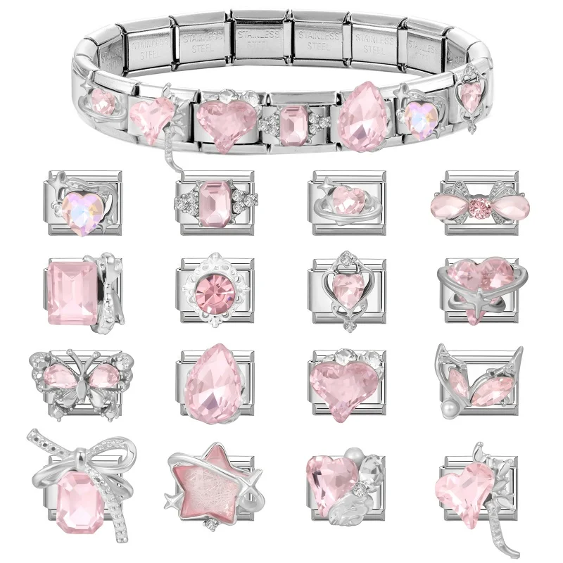 Shell Starfish Star Rose Flowers Heart Crown Zircon Italian Charm Links Fit 9mm Stainless Steel Bracelet Women DIY Making Gifts