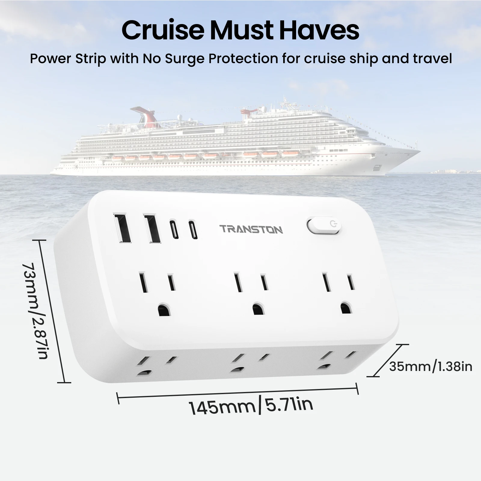 واقي عرام شريط الطاقة باللون الأبيض مع 6 منافذ تيار متردد، 2 منافذ شحن سريعة USB و2 USB-C، 10 في 1,45 ° المكونات الميلية، الحماية المتقدمة