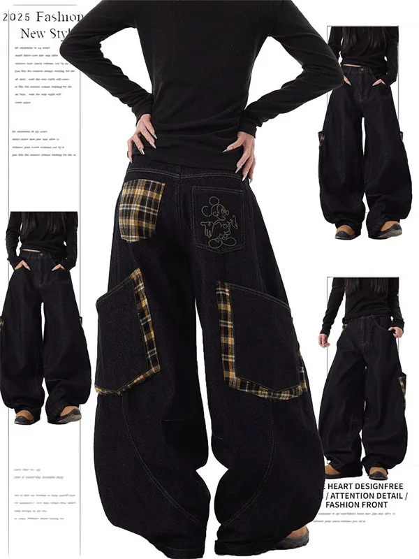 

American Retro Plaid Splicing Wide Leg Jeans Women's Spring Autumn Design Sense Large Pocket Straight Tube Pants