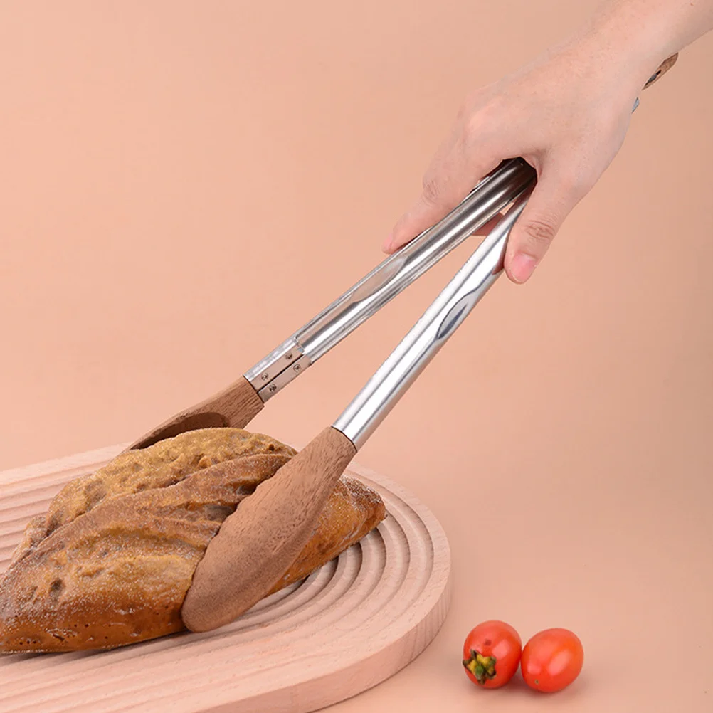 

Walnut Wood Stainless Steel Food Tongs Kitchen Utensils Buffet Bbq Grilling Salad Serving Cooking Steak Clip