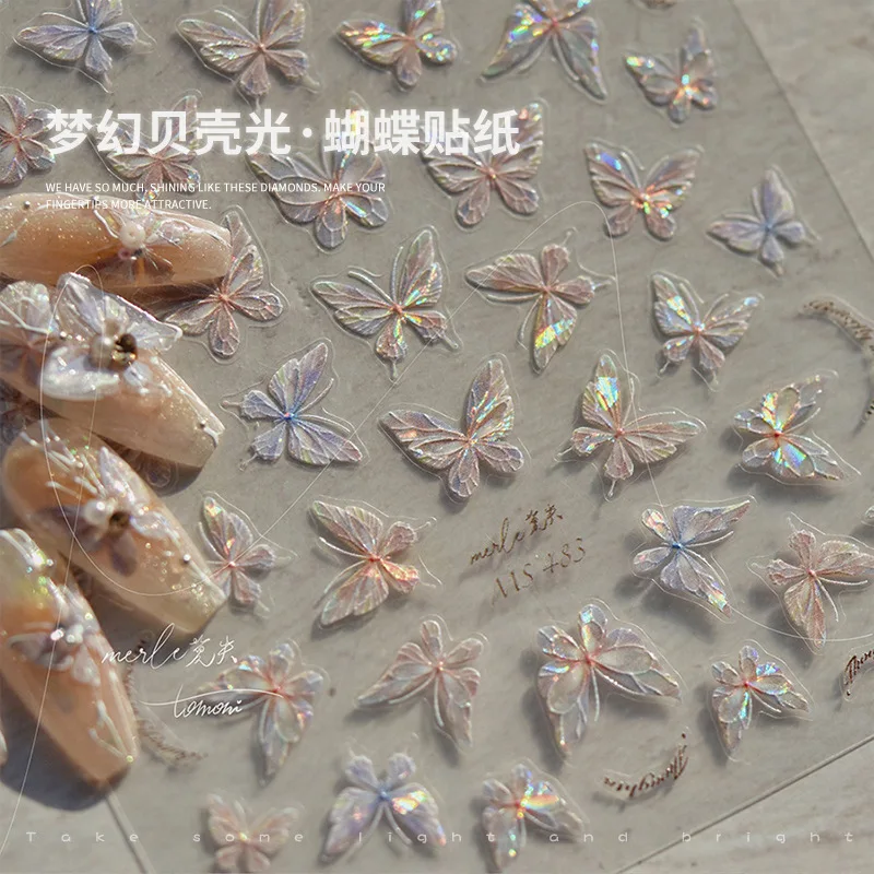 1PC 5D Glitter Butterfly Nail Stickers Kawaii Aurora Butterfly Nail Art Charms Decorations Decals DIY Manicure Adhesive Slider