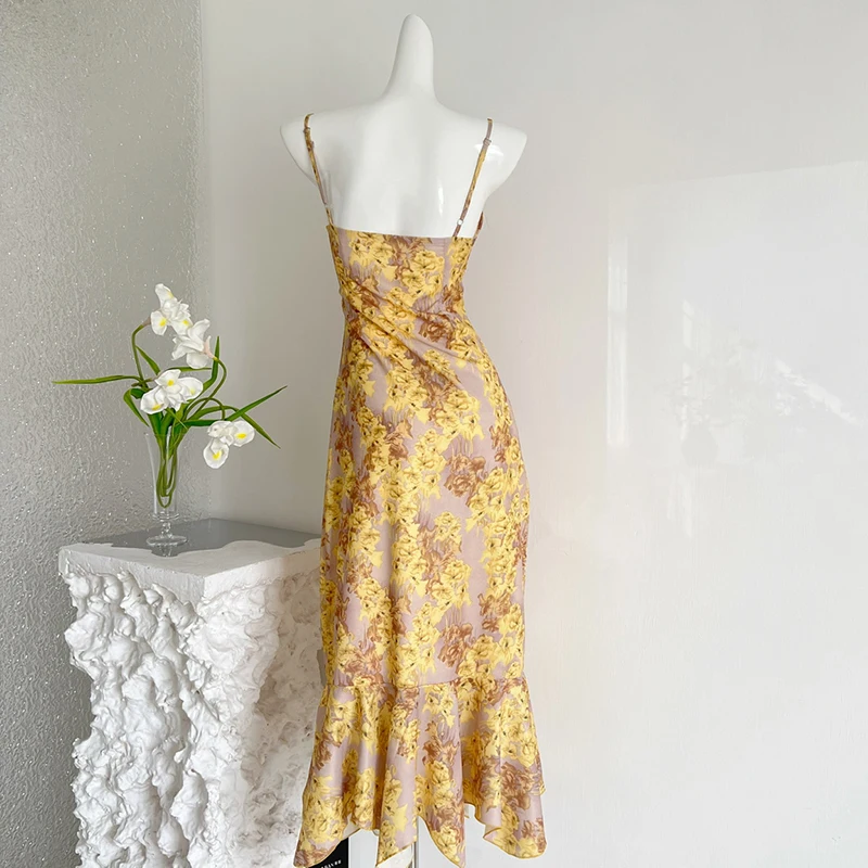 French Marigold Floral Print Halter Mermaid Dress Women Summer Beach Drawstring Dress Zip Midi Dress Korean Fashion Vestidos