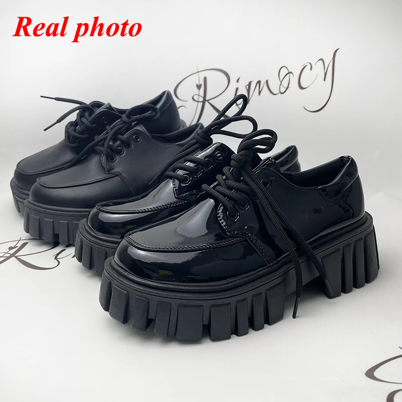 Rimocy Patent Leather Platform Oxford Shoes for Women 2022 Spring Casual Lace Up Flats Woman Black Chunky Shoes Zapatillas Mujer