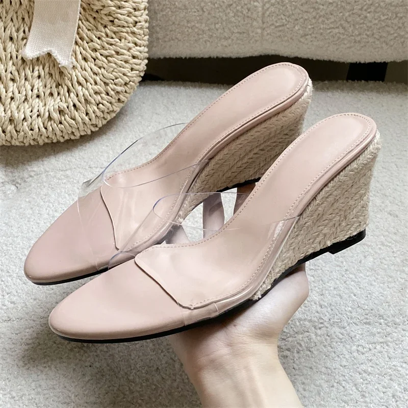 

Aneikeh Fashion Women Clear PVC Strap Wedge Mules Summer Beach Slip on Sandals Black Round Toe High Heel Slippers