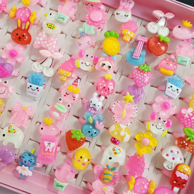 Lovely 20Pcs/Lot Children\'s Cartoon Rings Opening Jelly Color Finger Ring Kid Baby Girl Boy Resin Jewelry Charm Gift