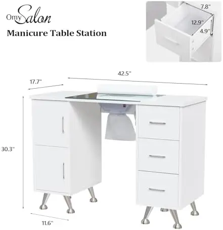 Manicure Table Nail Desk for Nail Tech w/Glass Top & Wrist Rest, Beauty Salon Nail Supplies Decor Workstation Acetone