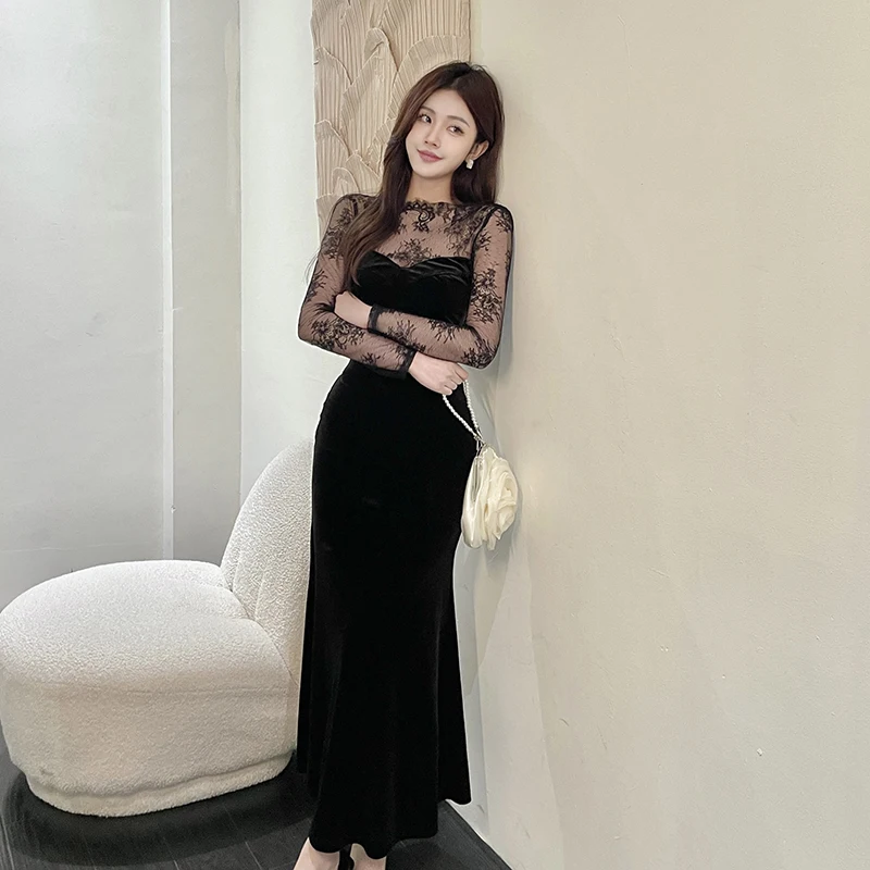 Sexy Black Dress 2024 Spring New Slimming Bodycon Dresses Elegant Lace Patchwork Backless Solid Casual dress CF23694GN