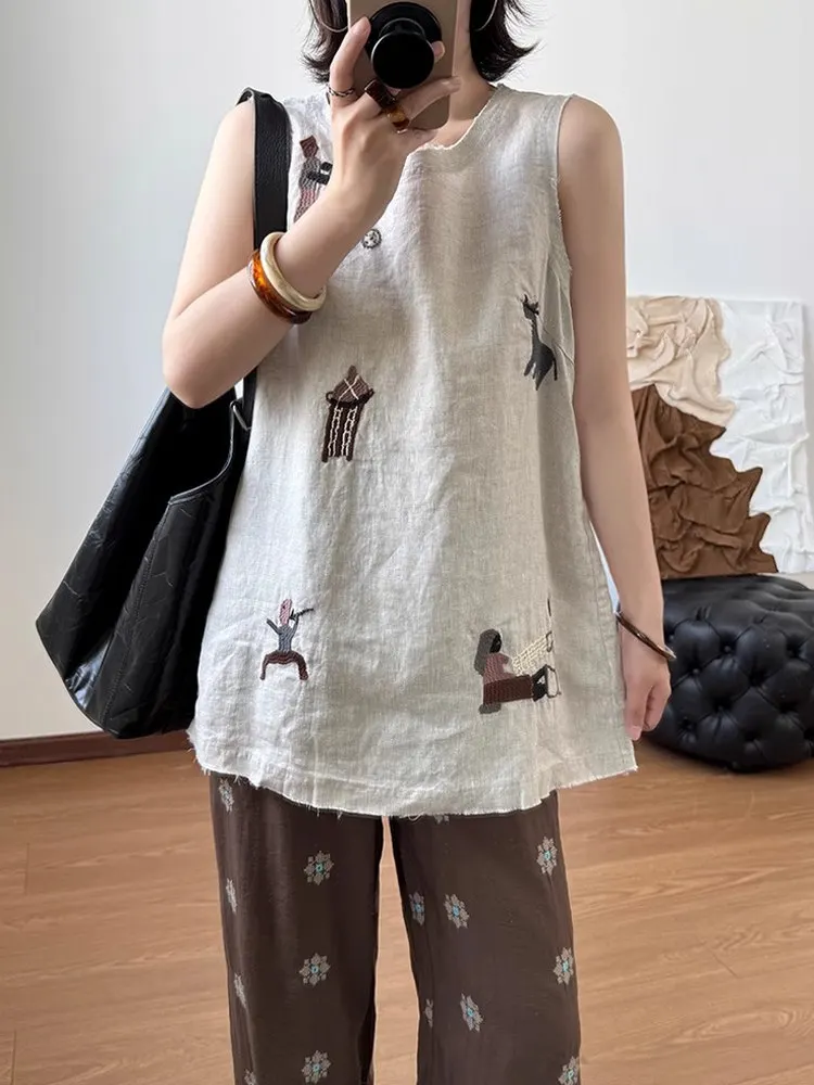 

Новинка лета: Женский свободный льняной жилет с вышивкой, модный, стройнящий, высококачественный, европейские товары 2026
