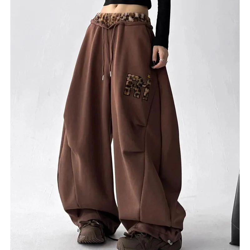 American Vintage Leopard Patchwork Pants Women Jazz Hiphop Lazy Wide Leg Trousers Casual Loose Harajuku Y2K Street Black Pants