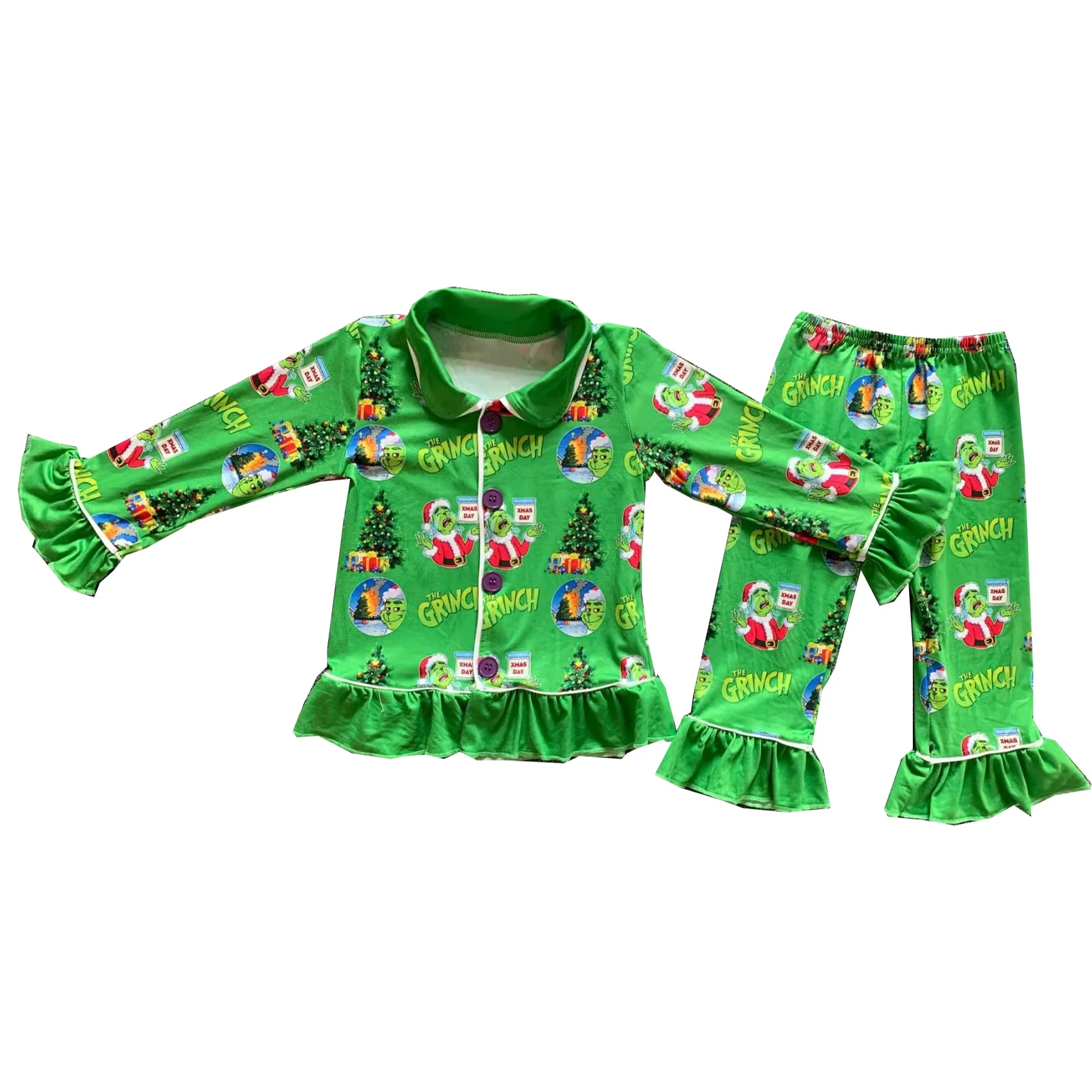 Christmas pajamas collection boys and girls clothing lapel long sleeve pants set Christmas tree pattern milk silk fabric