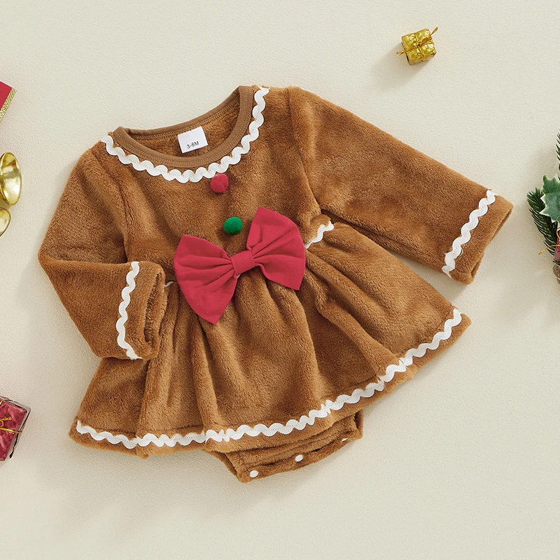 0-18M Baby Girls Christmas Romper Dress Fall Winter Clothes Long Sleeve Gingerbread Jumpsuits for Newborn Infant Toddler