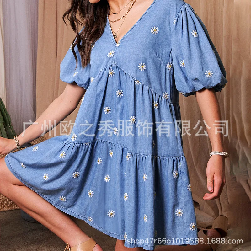 

Mini Dress Women Mid Length Dresses V Neck Puff Sleeve Sexy Elegant High Waist A Line Floral Vestido Casual Loose Y2k Streetwear