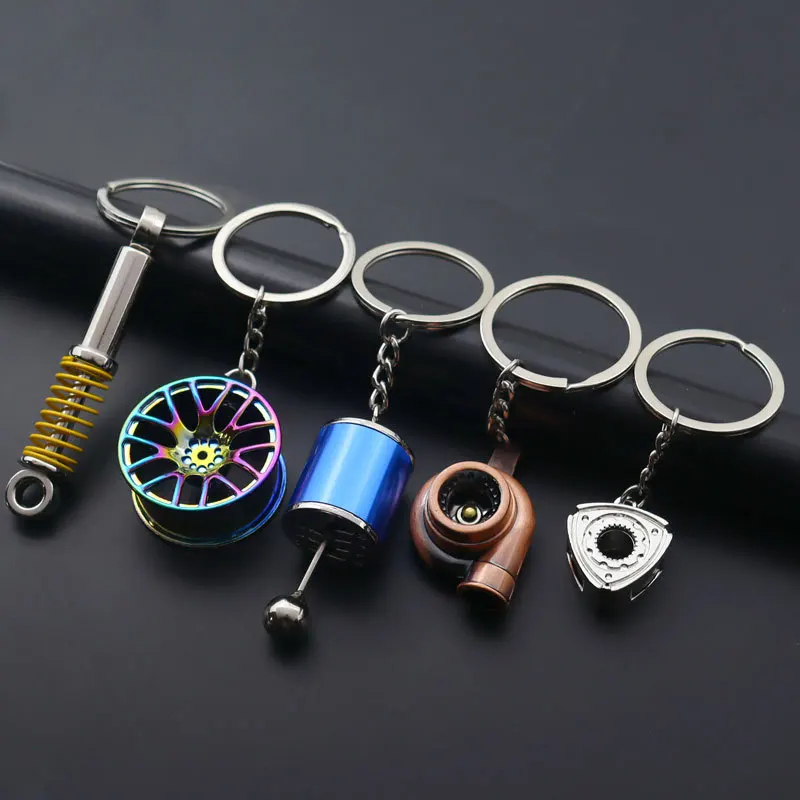 Mini Auto Manual Transmission Speed Gearbox Gear Turbo Boost Shock Absorbers Rim Brake Refitting Model Metal Key Chains Keyrings