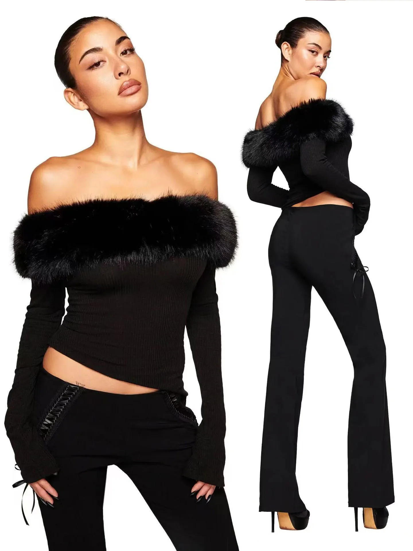 

Black One-Shoulder Furry Top with Detachable Fur Collar Asymmetrical Hem Slim Design Cotton Long Sleeve Women's T-shirt