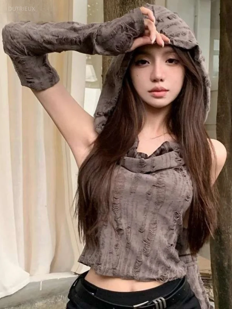 2026 Summer Hip Hop Y2k Aesthetic Hooded Tank Top Harajuku Solid Hole Grunge Casual Camisole Streetwear Cropped Tanks Women