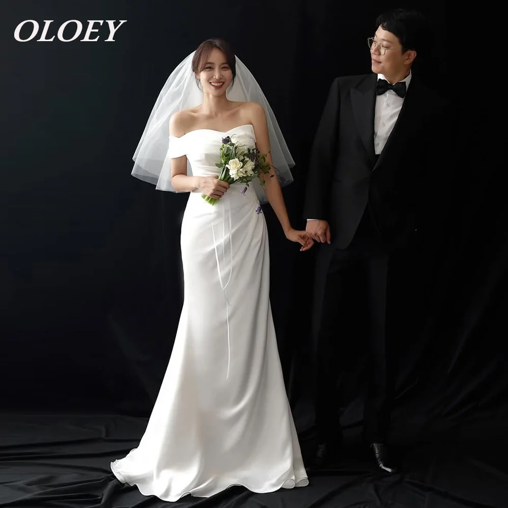 

OLOEY Elegant Off The Shoulder Mermaid Wedding Dress Pleated Sikl Satin Korea Snapshots Bridal Gown Customized Corset Sweep Trai